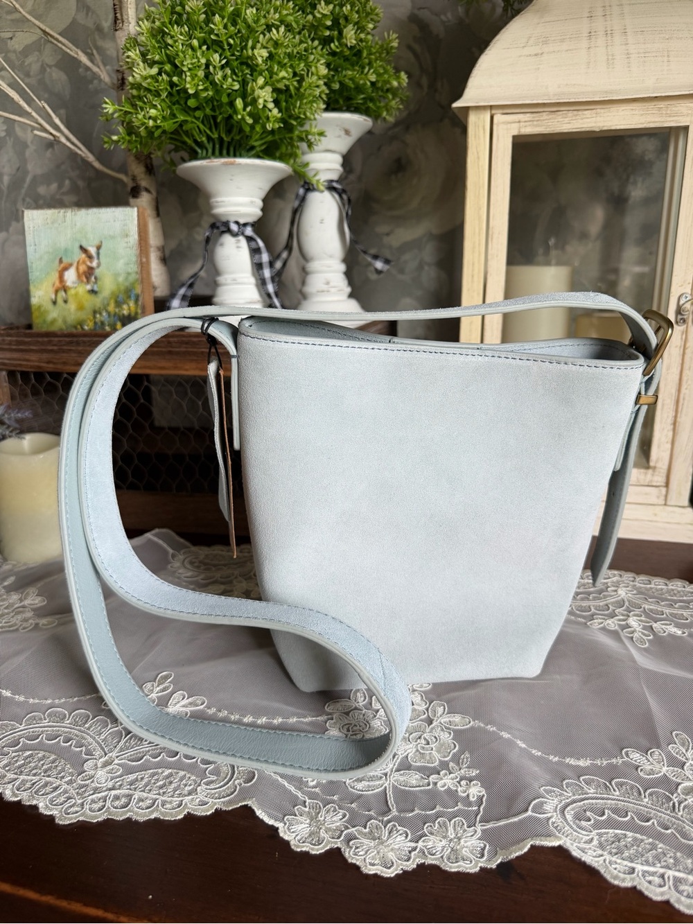Margot New York Light Blue Suede Leather Crossbody Kaye Mini Bucket Bag Purse